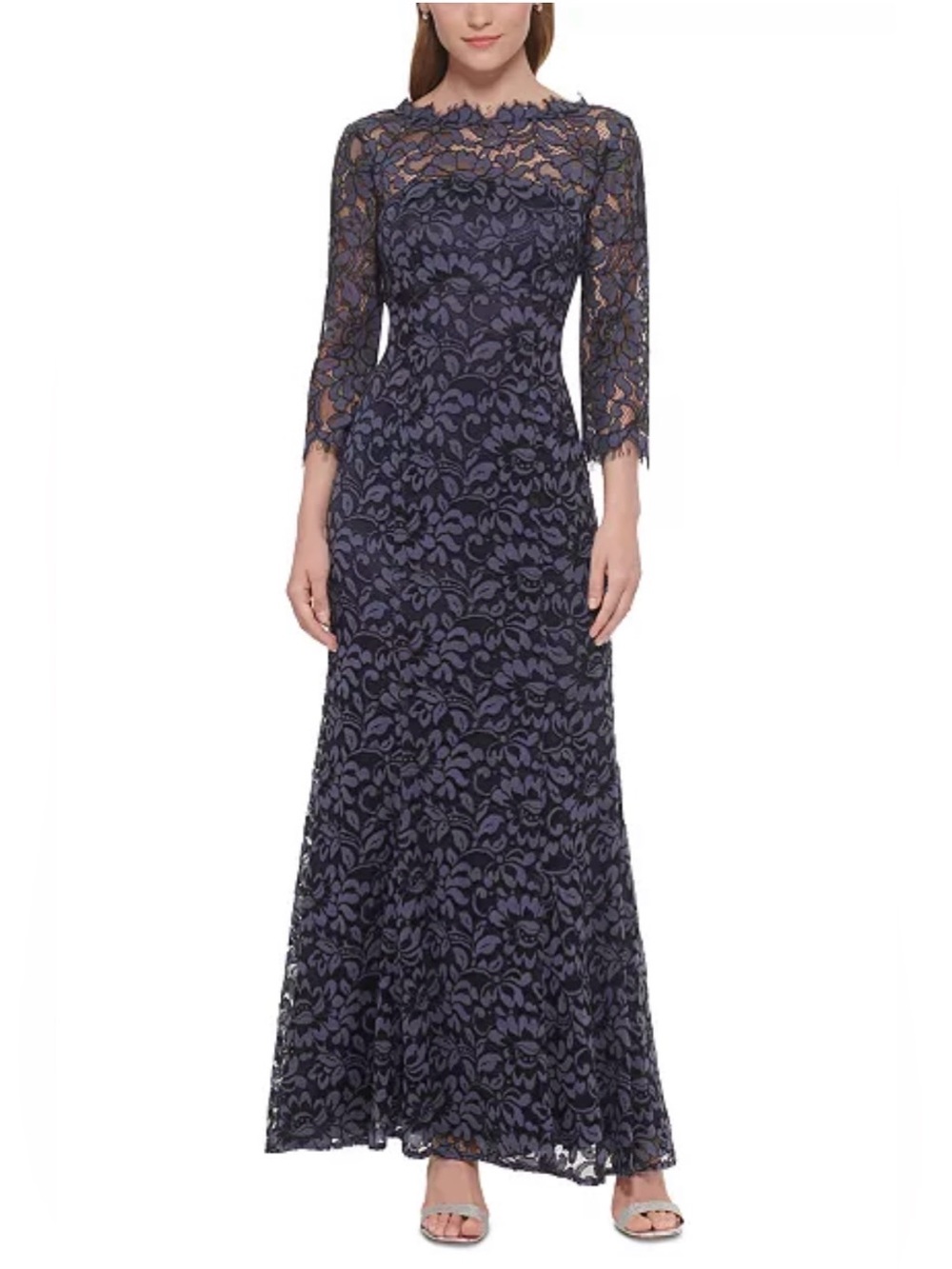 Eliza J Navy Lace Bateau Neck Mermaid Evening Gown (Size: 8)